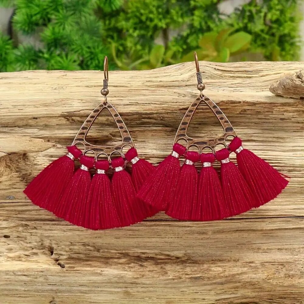 NEW pair BOHO Red tassel earrings, trendy vintage jewelry, retro earrings